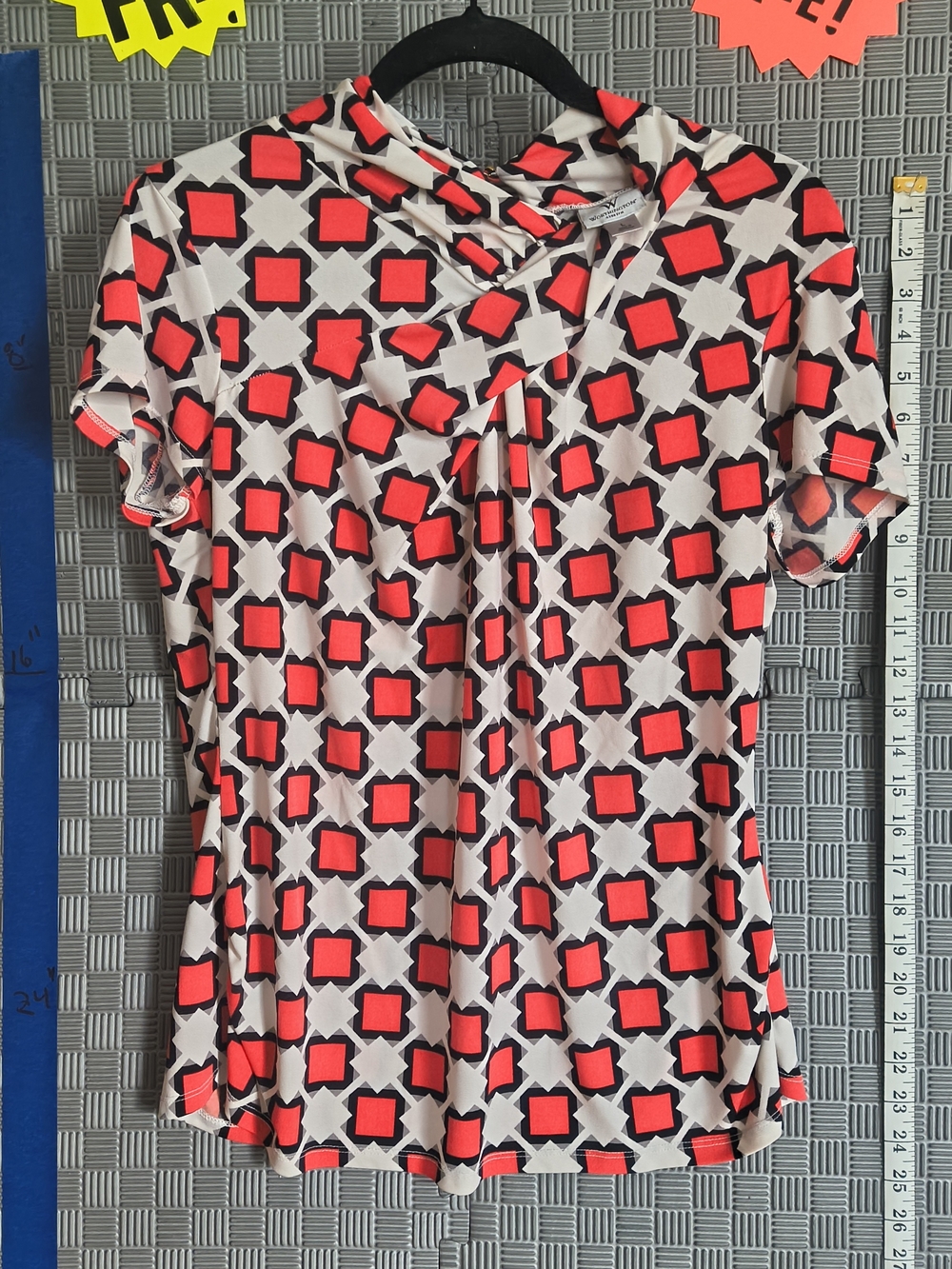 Worthington Geometric Print Short Sleeve Blouse in Red, Black, and White